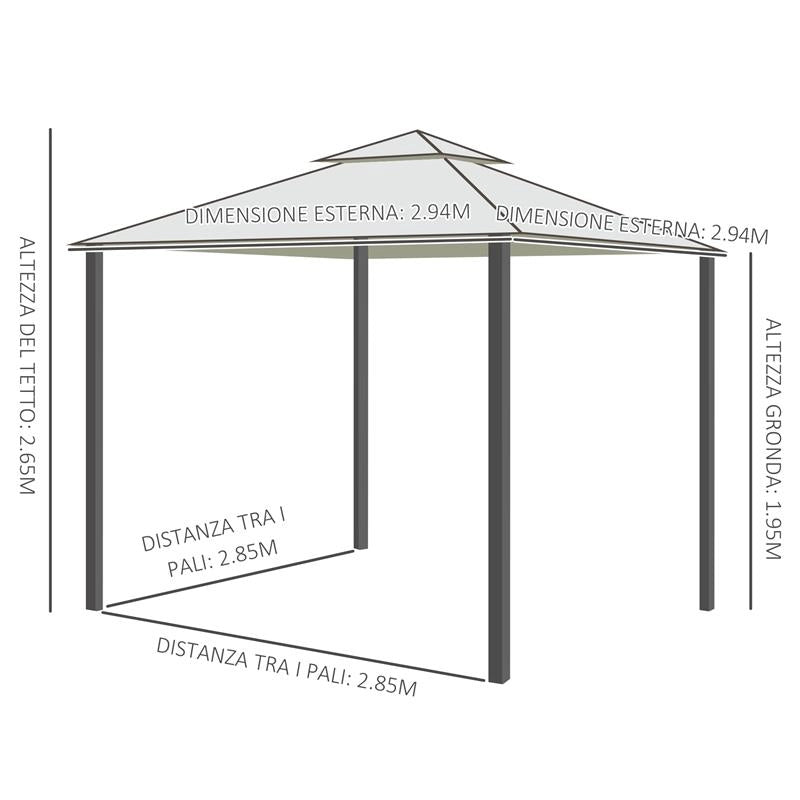 GAZEBO DA GIARDINO CON PALETTI E CORDE DOPPIO TETTO ZANZARIERA PARETI LATERALI BEIGE 294 X 294 X 263 CM