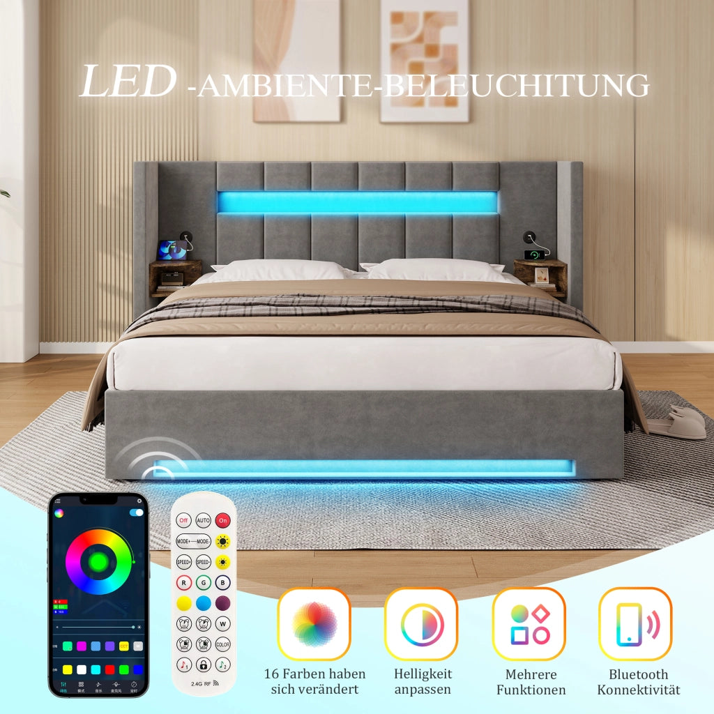 LETTO imbottito 180x200 cm in velluto grigio scuro con USB, LED e contenitore