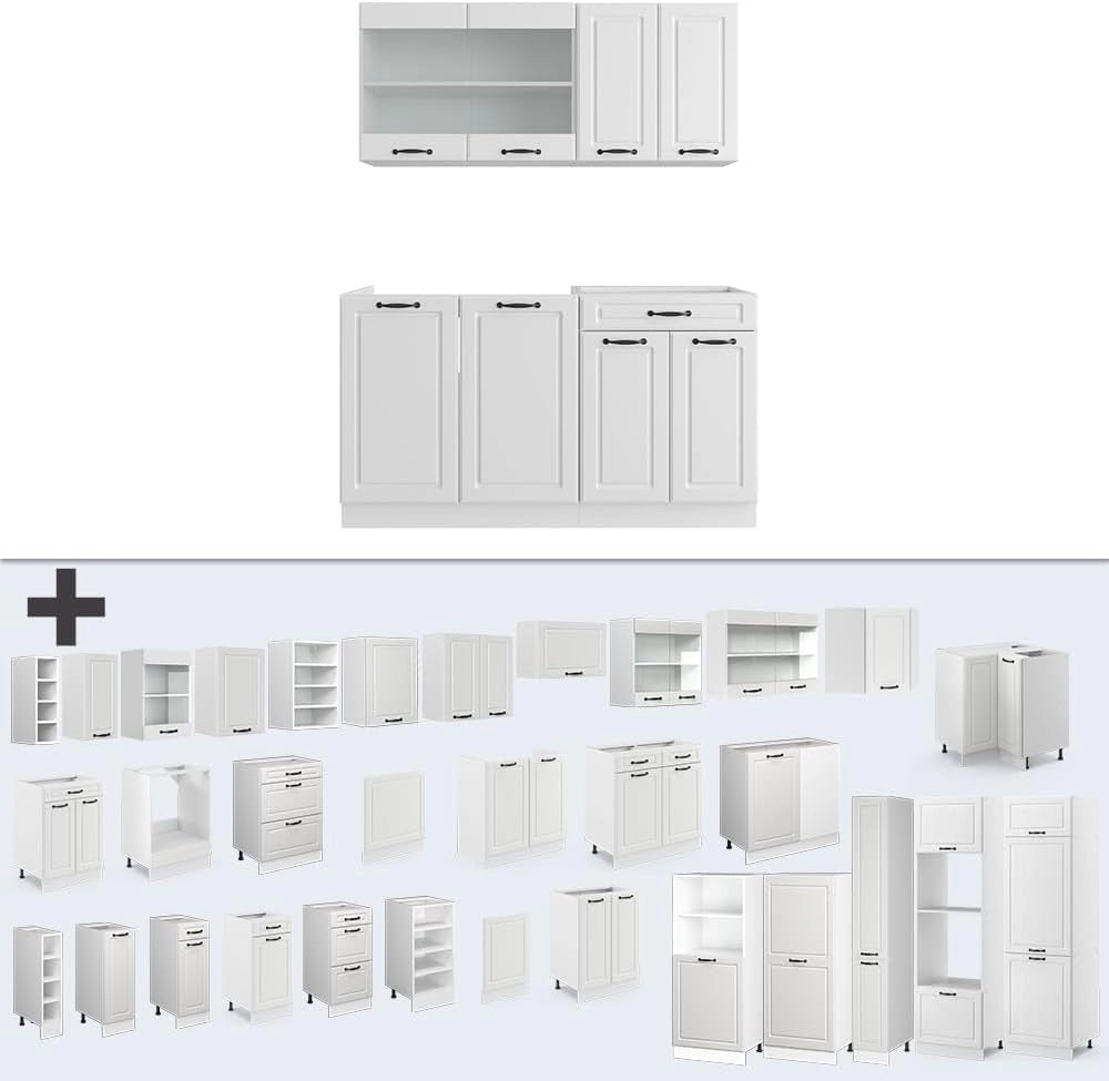 Cucina completa R-Line, Bianco casa di campagna, 140 cm senza piano di lavoro, adatto a spazi piccoli, espandibile in modo modulare