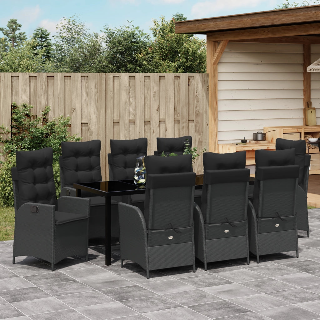 Set da Pranzo da Giardino 9 Pezzi con Cuscini Nero Polyrattan