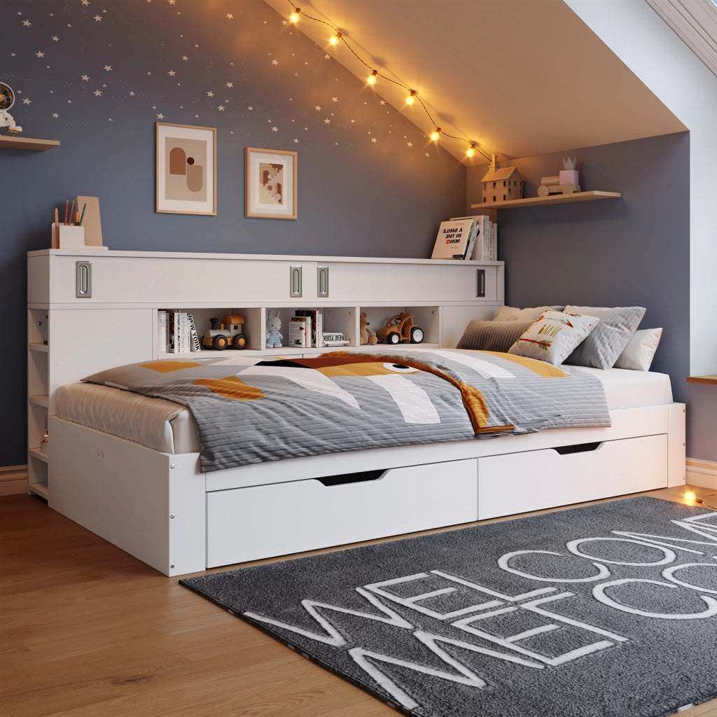OKWISH Letto a Divano 140×190 cm, Letto Singolo Bambini con 2 Cassetti, Armadio Contenitore e Mensole, senza Materasso, in MDF, Bianco