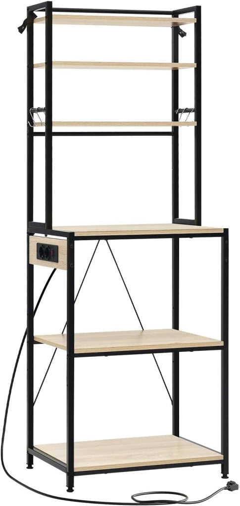 Scaffale da Cucina a 6 Livelli con Prese di Corrente, Scaffale per Microonde con Struttura in Metallo e Piano di Lavoro Aperto, Nero+Rovere Chiaro, 60x39,5x167cm