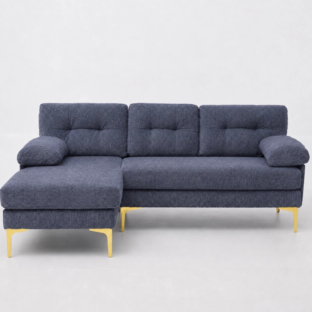Divano angolare 3 posti convertibile con chaise longue reversibile e braccioli imbottiti in tessuto ciniglia blu 187.5 × 130 × 79 cm