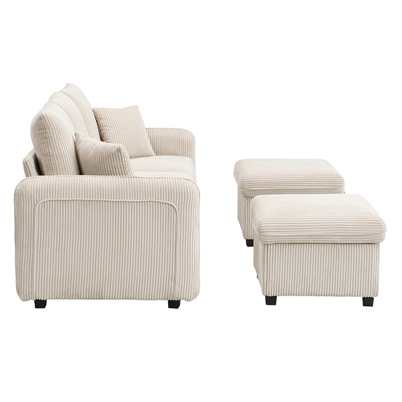 Divano letto modulare 3 posti - con contenitore e 2 pouf portaoggetti - in tessuto a coste beige