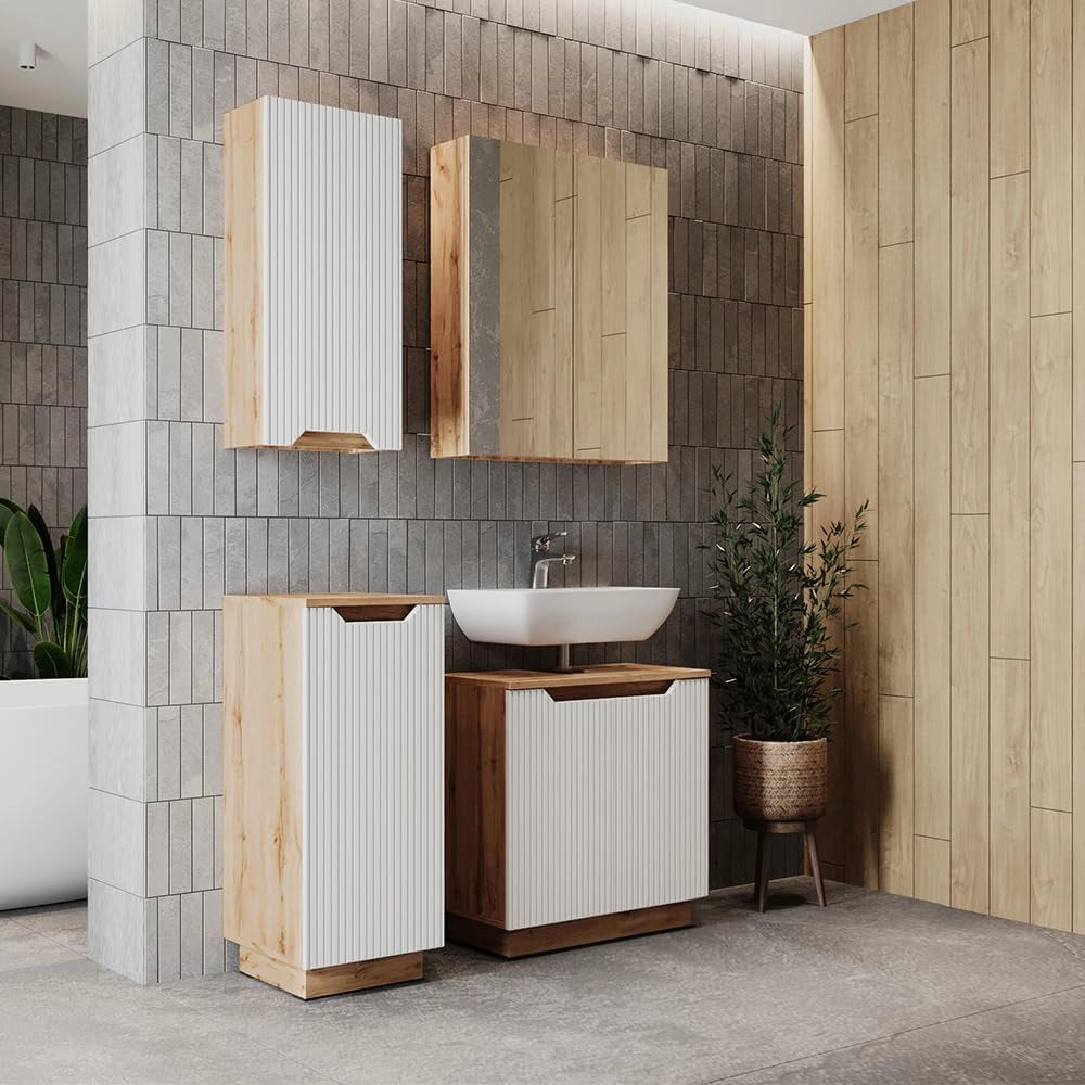 Set di mobili da bagno Lotta, Rovere/bianco a strisce, 4 parti
