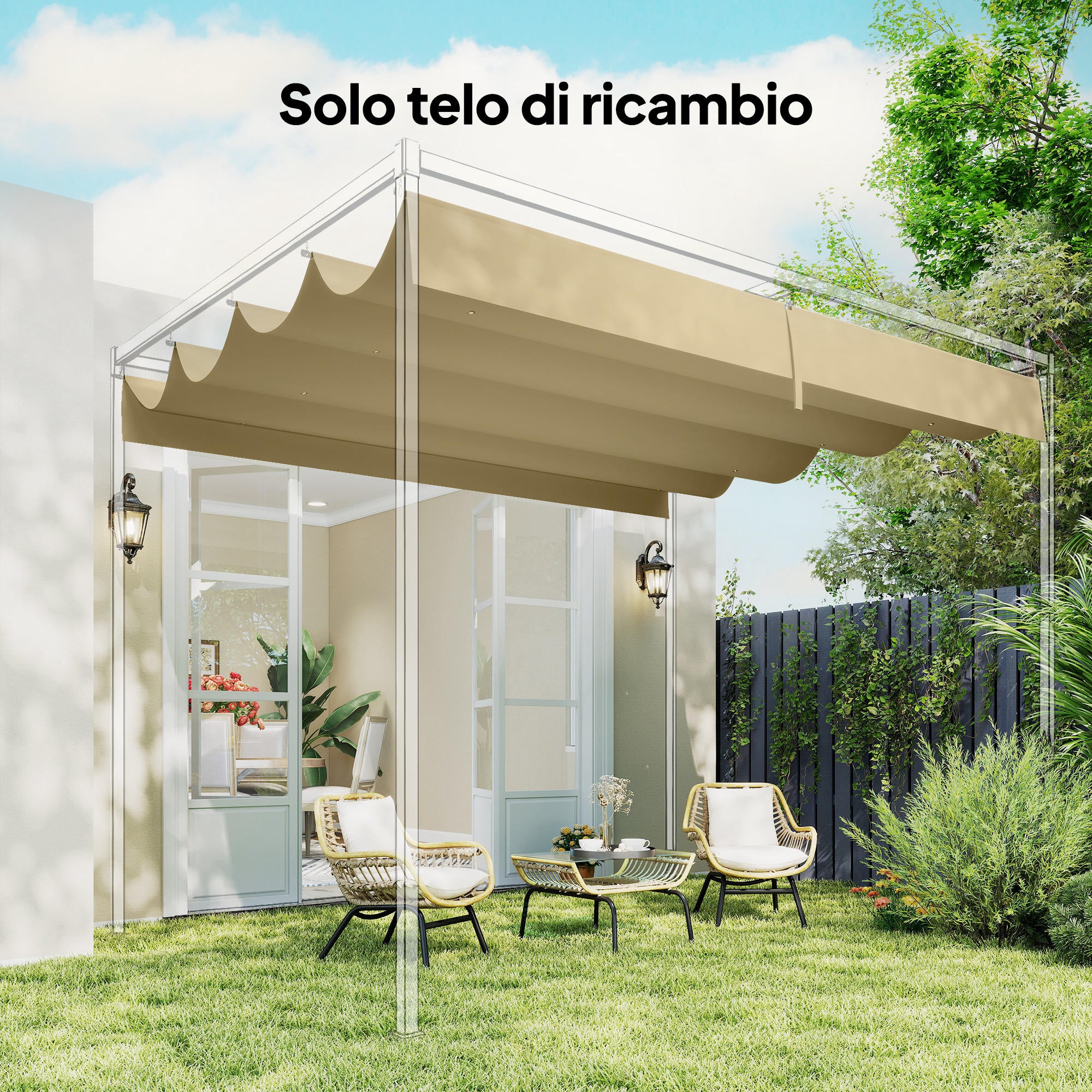 Telo Pergola per Esterni 392x350 cm Anti UV con 8 Fori di Drenaggio in Poliestere Beige