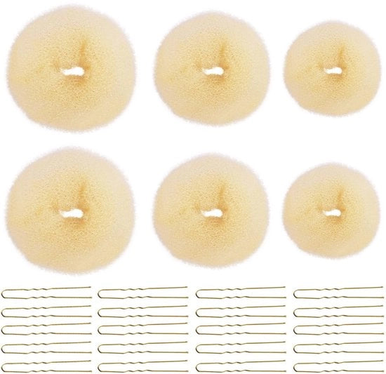 Set di creazione di chignon per capelli, 26 pezzi, 6 pezzi accessori per capelli, 20 pezzi spille per capelli a U a forma di guanciale per donne e ragazze (Beige, Oro)
