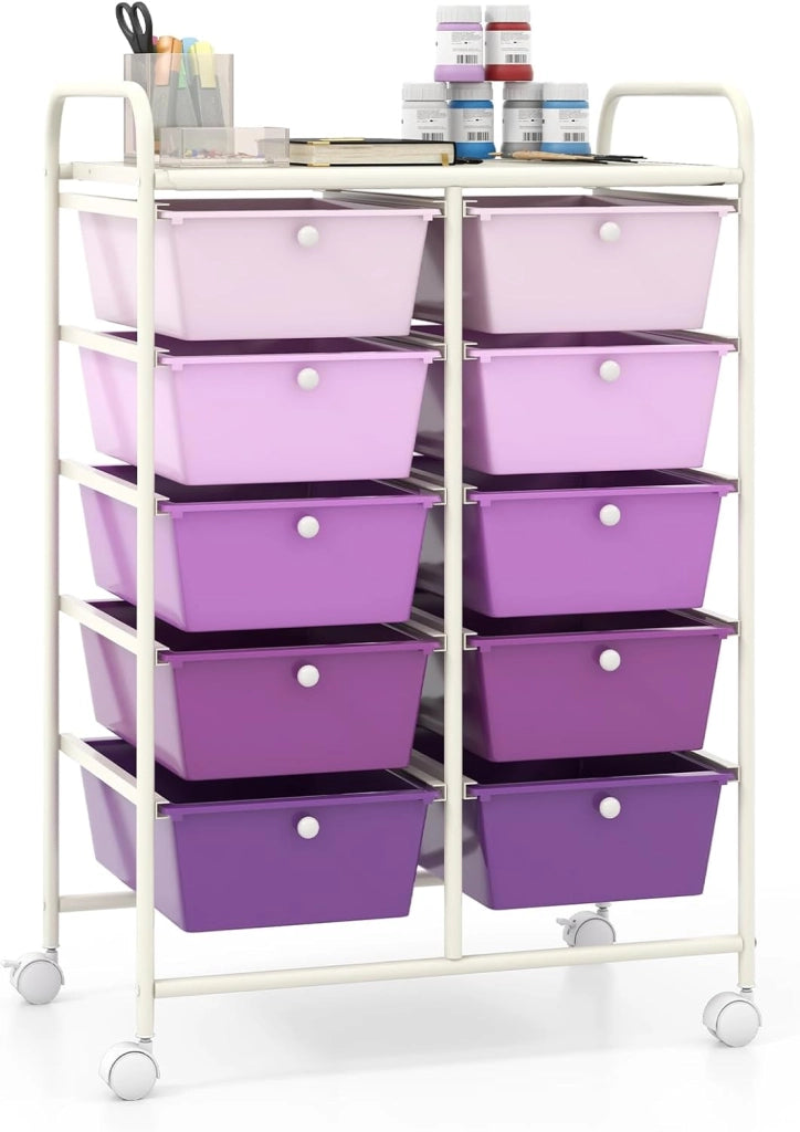 Carrello con 10 cassetti, impilabile, per cassetti, da cucina, bagno, ufficio, 65,5 x 37 x 87 cm (viola)