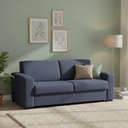 Divano Letto Akito, Divano a 2 posti Large, Made in Italy, SofÒ  Soggiorno con apertura girevole, in tessuto imbottito, con Braccioli slim, cm 180x95h90, Blu
