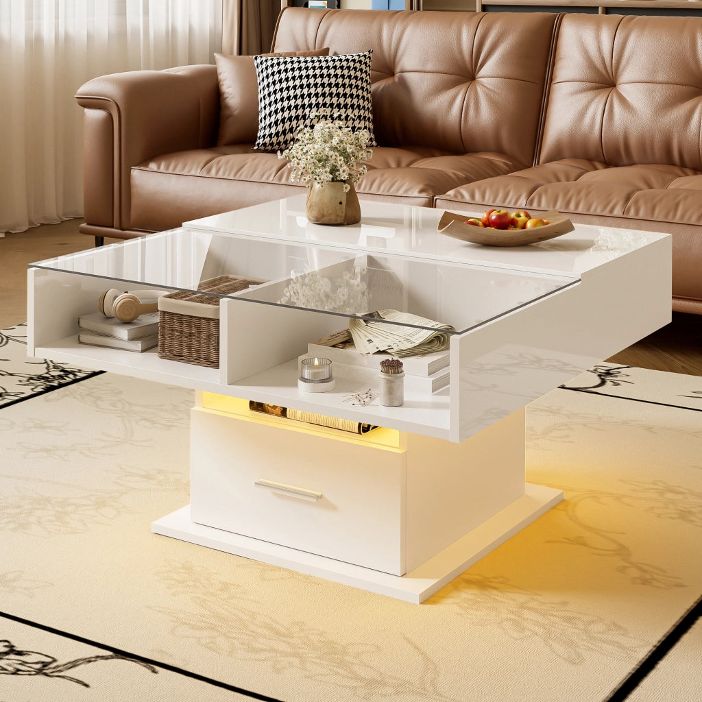 Tavolino da Salotto Sollevabile con 1 Cassetto e 1 Vano e LED; Finitura Lucida; in Pannelli di Truciolare; Bianco