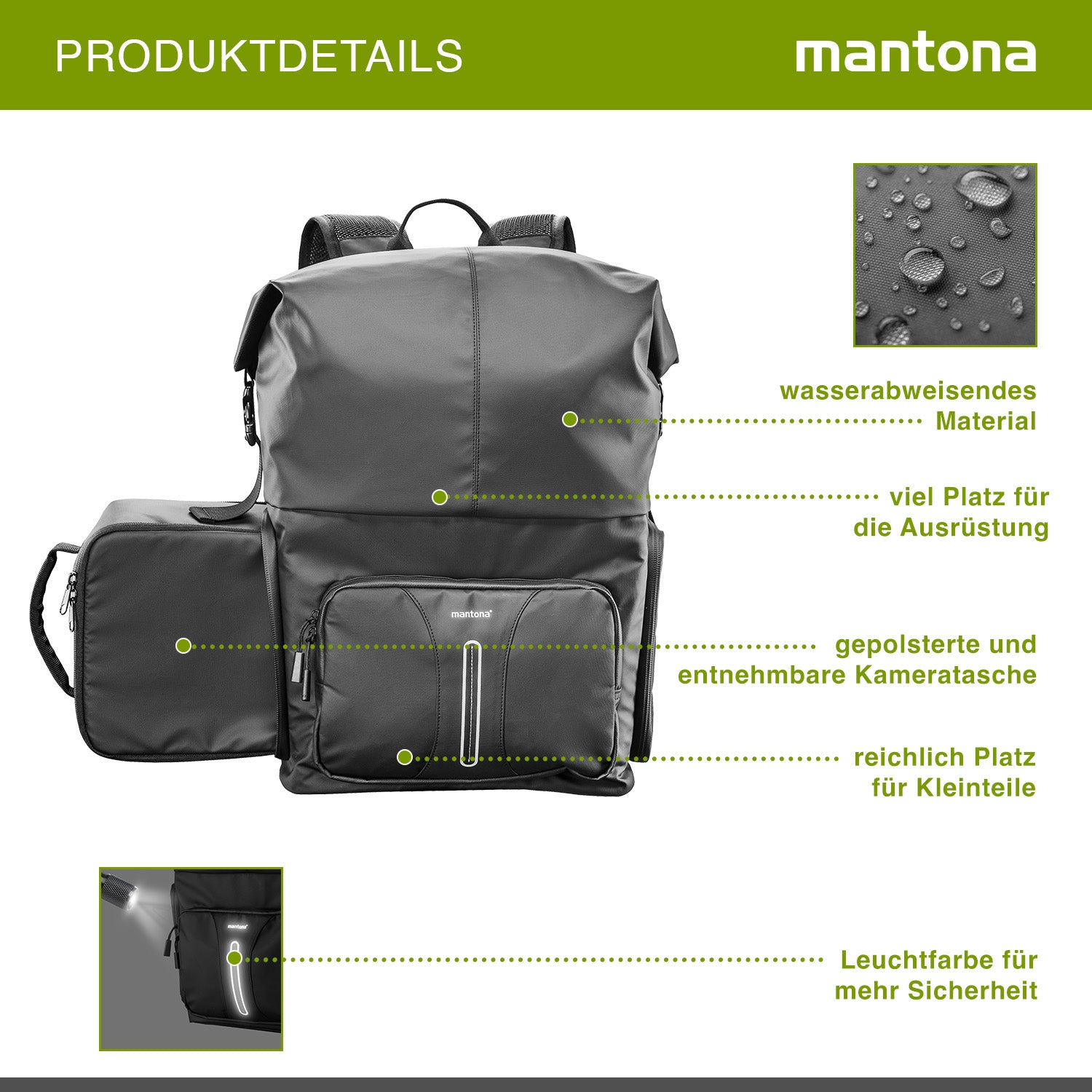 Mantona zaino fotografico corriere per fotocamera SLR DSLR in materiale impermeabile, con accesso rapido, zaino corriere con chiusura per arrotolamento 22444 Nero 480mm