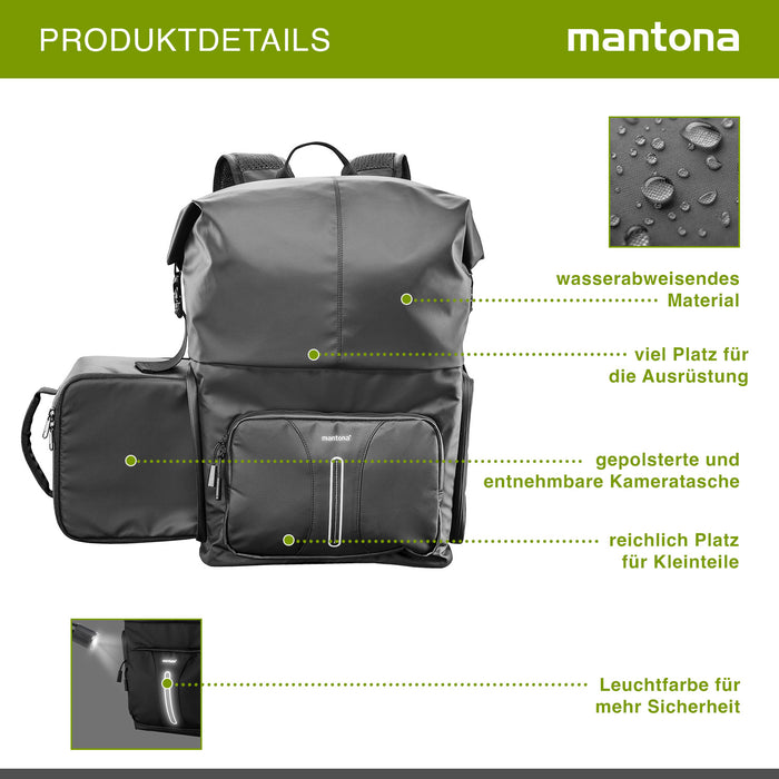 Mantona zaino fotografico corriere per fotocamera SLR DSLR in materiale impermeabile, con accesso rapido, zaino corriere con chiusura per arrotolamento 22444 Nero 480mm
