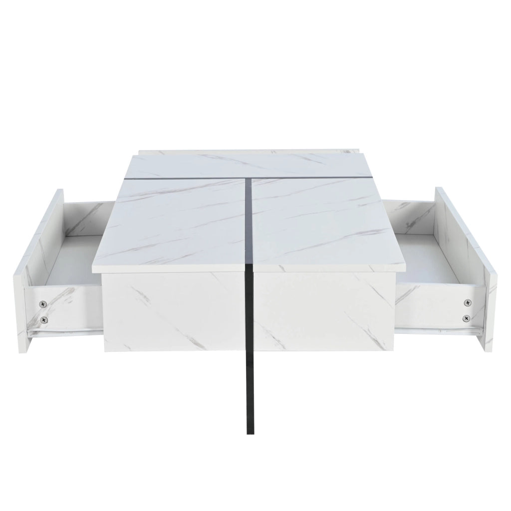 Tavolino da caffè 105x60x35 cm; 3 cassetti con LED controllati da app; pannello truciolare bianco