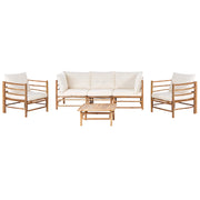 Set da giardino modulare con divano a 3 post 2 poltrone e tavolino in bambù naturale con cuscini bianco crema esterno elegante