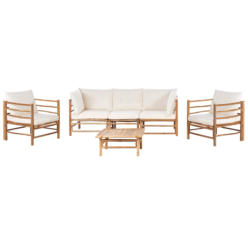 Set da giardino modulare con divano a 3 post 2 poltrone e tavolino in bambù naturale con cuscini bianco crema esterno elegante