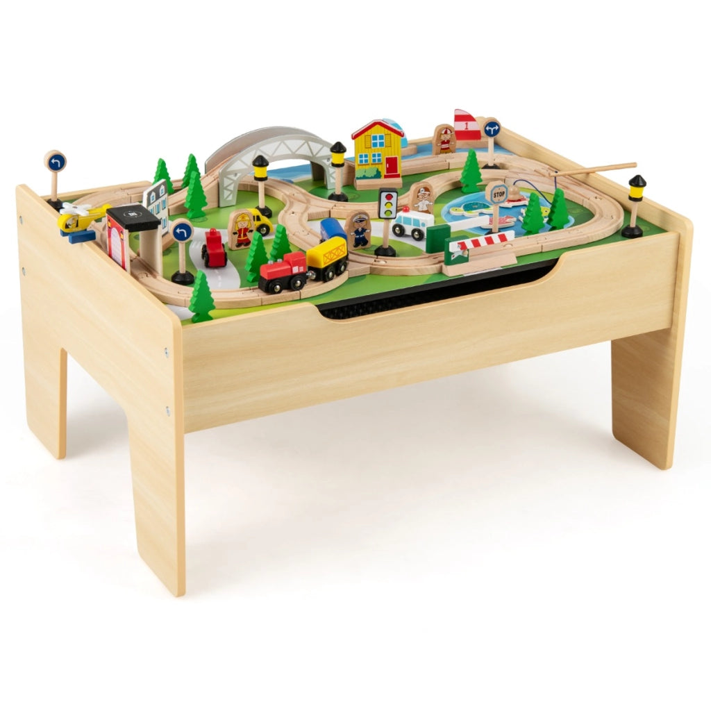 Tavolo da gioco per bambini in legno set ferroviario con 78 pezzi, Tavola attivit¨¤ con piano e base ribaltabile Naturale