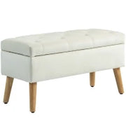 Panca contenitore cassapanca tessuto effetto velluto piedi in legno carico max. 120 kg 80 x 35 x 40 cm, crema