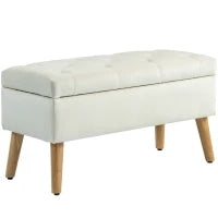 Panca contenitore cassapanca tessuto effetto velluto piedi in legno carico max. 120 kg 80 x 35 x 40 cm, crema