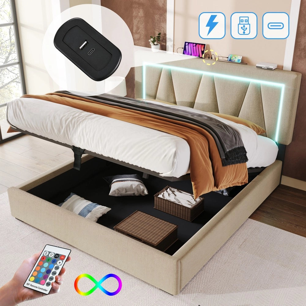Letto Imbottito Contenitore LED con USB ¨C MINIMAL ¨C Tessuto Lino 140x200 con Materasso