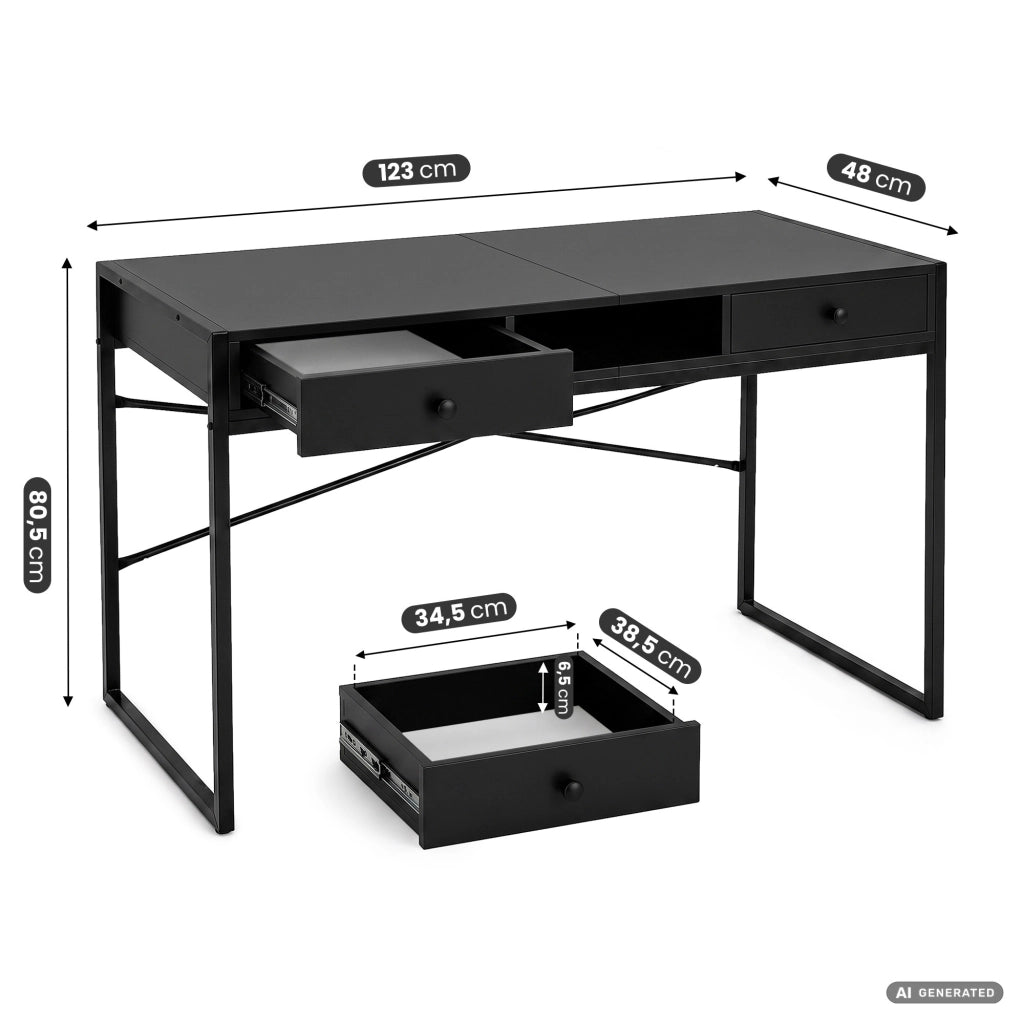 Scrivania industriale per computer Nera ELONIS 123 cm 2 cassetti 1 ripiano gambe nere