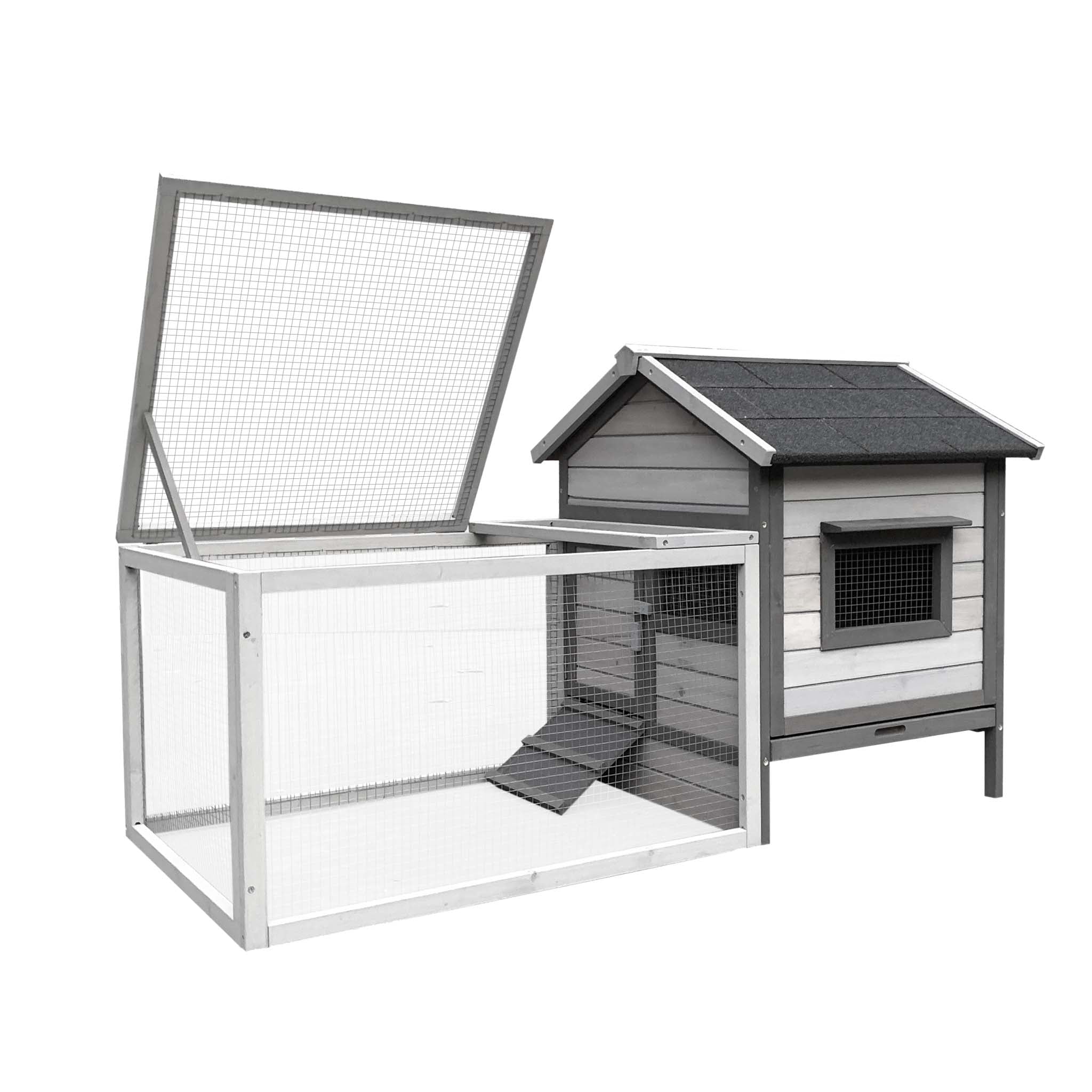 Conigliera in legno grigio chiaro 146x75x83cm con recinto e vassoio estraibile per la pulizia