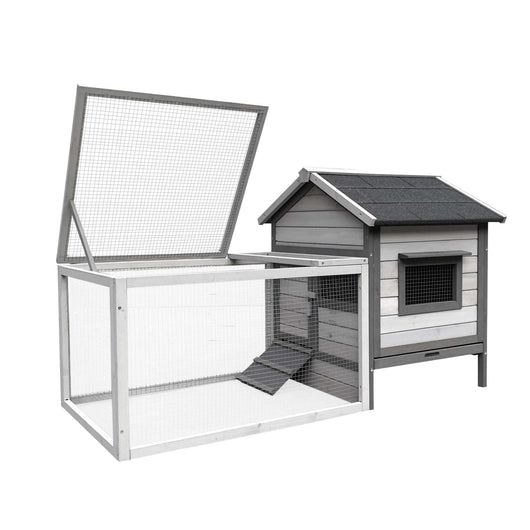 Conigliera in legno grigio chiaro 146x75x83cm con recinto e vassoio estraibile per la pulizia