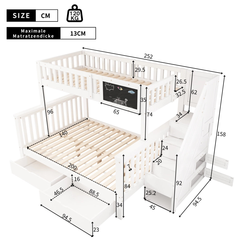 Letto a castello per bambini con lavagna e cassetti; 90x200 + 140x200; bianco