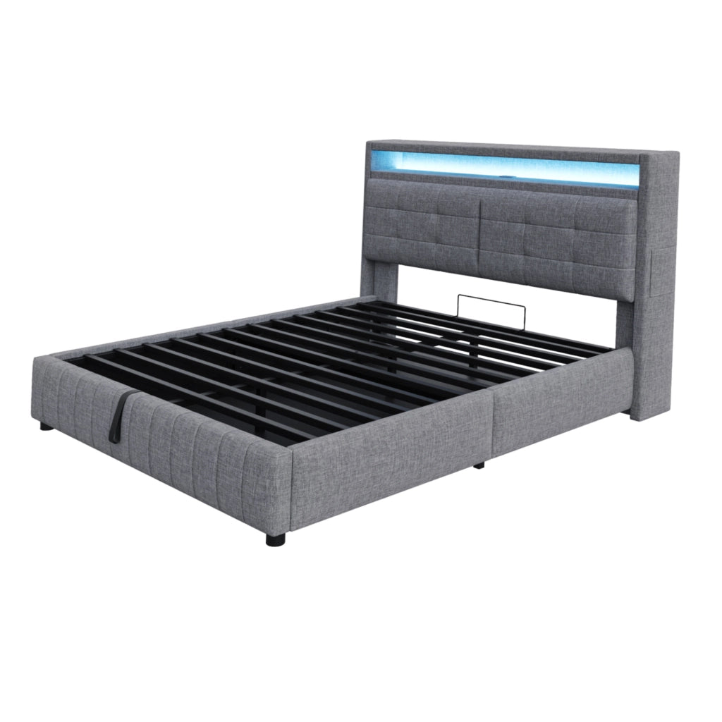 Letto matrimoniale imbottito 160x200 cm in tessuto effetto lino grigio con LED; USB e contenitore