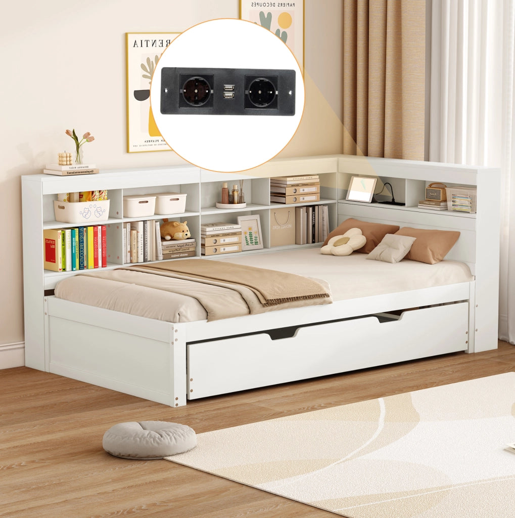 Letto multifunzione in legno 90x200 cm con letto estraibile, USB e vani contenitivi