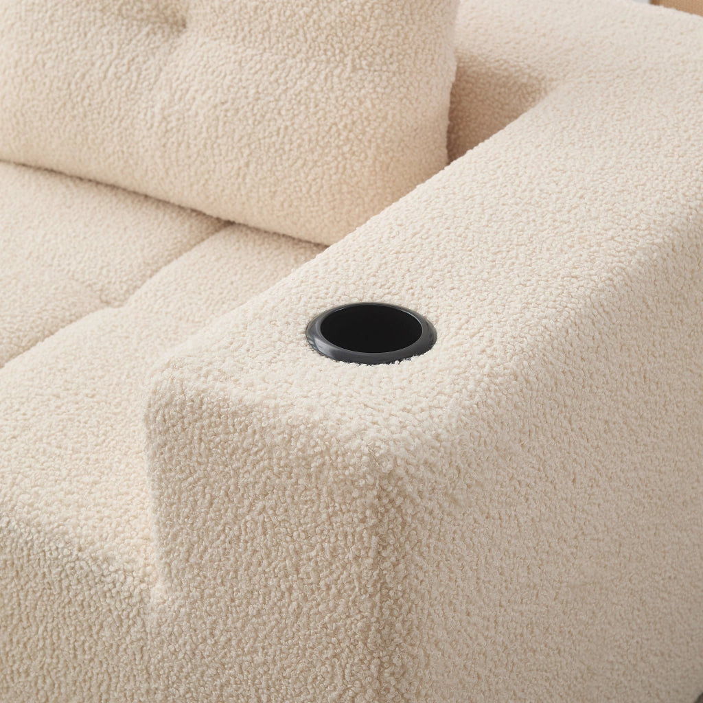 Divano angolare 258 cm con portabicchieri e seduta profonda in poliestere beige per soggiorni piccoli e uffici