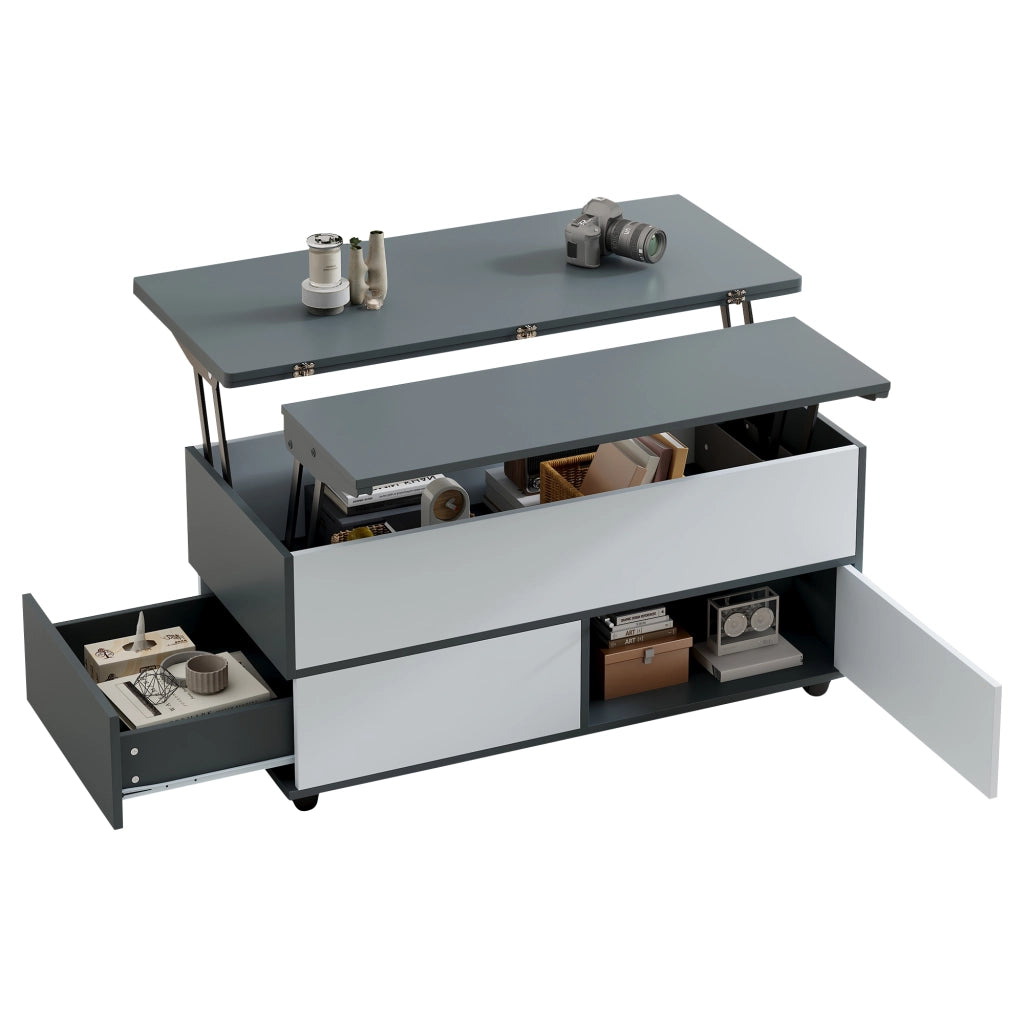 Tavolino Da Caffè Sollevabile con 1 Cassetto e 1 Armadio; Piani Idraulici; con Ruote; Stile Moderno; in Pannello Truciolare; Grigio E Bianco; 100×98×65 cm