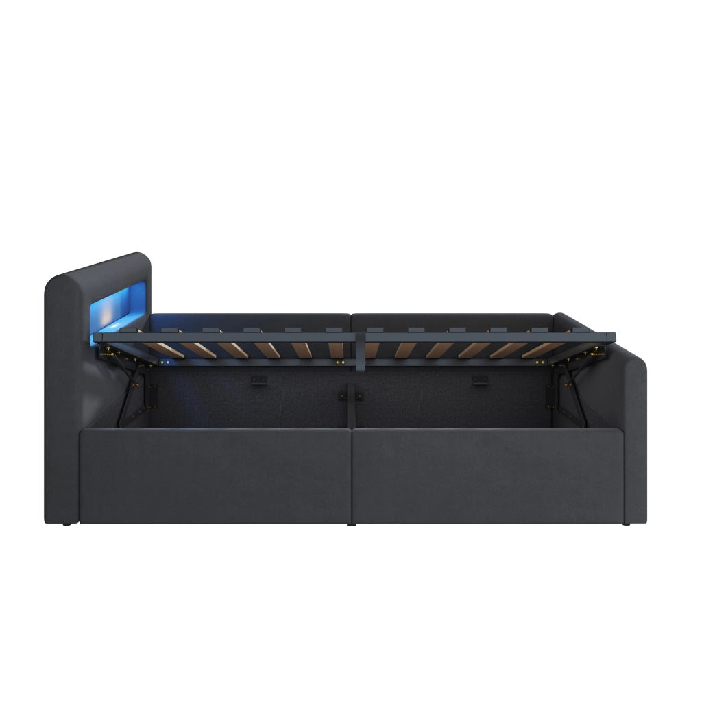 Letto imbottito 90x200 cm con LED; USB e contenitore in velluto grigio