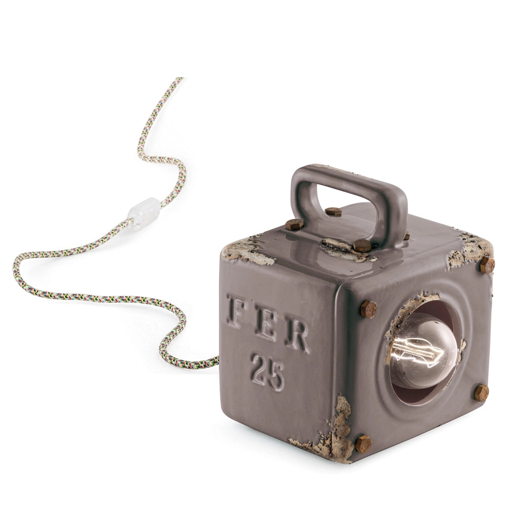 Lumetto Vintage Industrial Cubica Ferro Ceramica Tortora 1 Luce E27