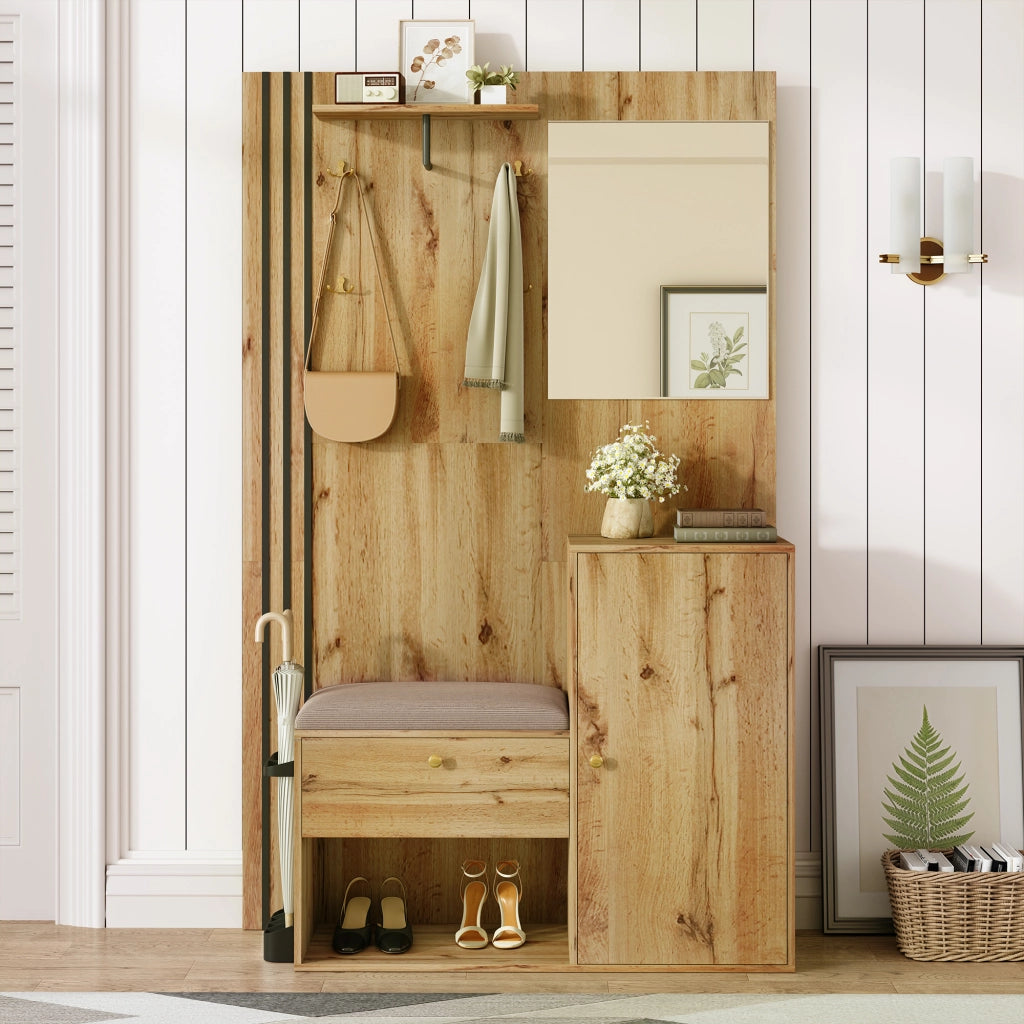 Set mobili ingresso con scarpiera, specchio, seduta imbottita e portaombrelli laterale, MDF naturale