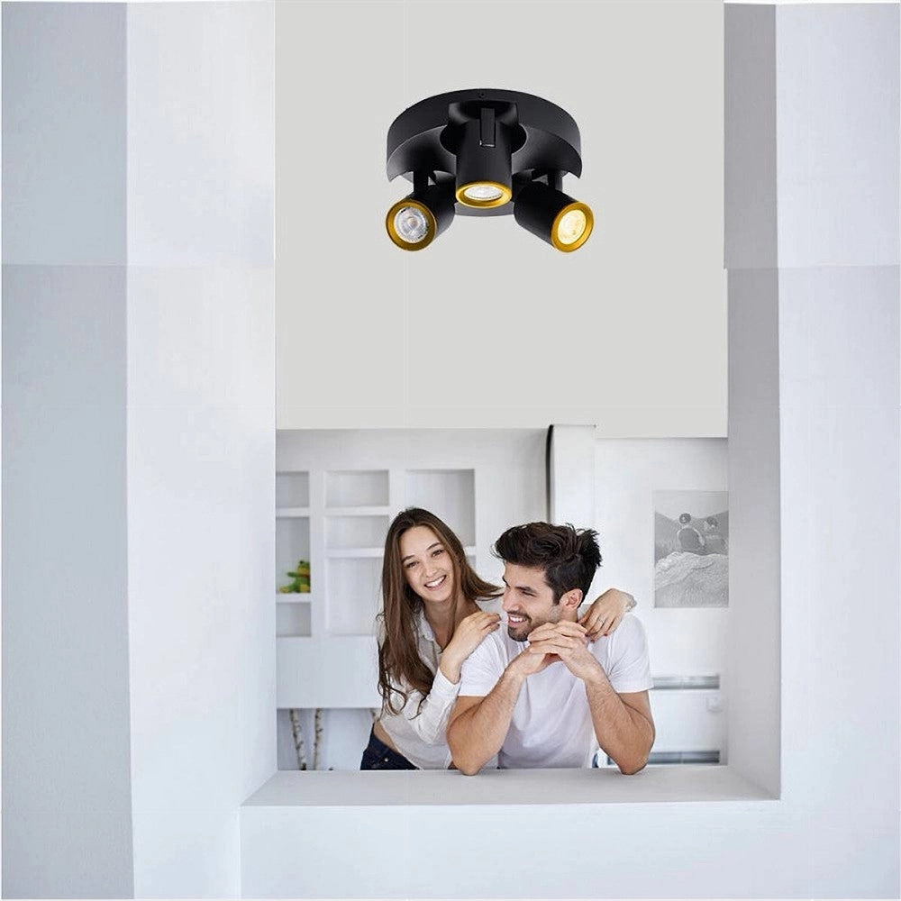 Trade Shop - Plafoniera 3 Diffusori Orientabile Soffitto Parete Tonda Gu10 Bianco Nero Th8804 - Nero