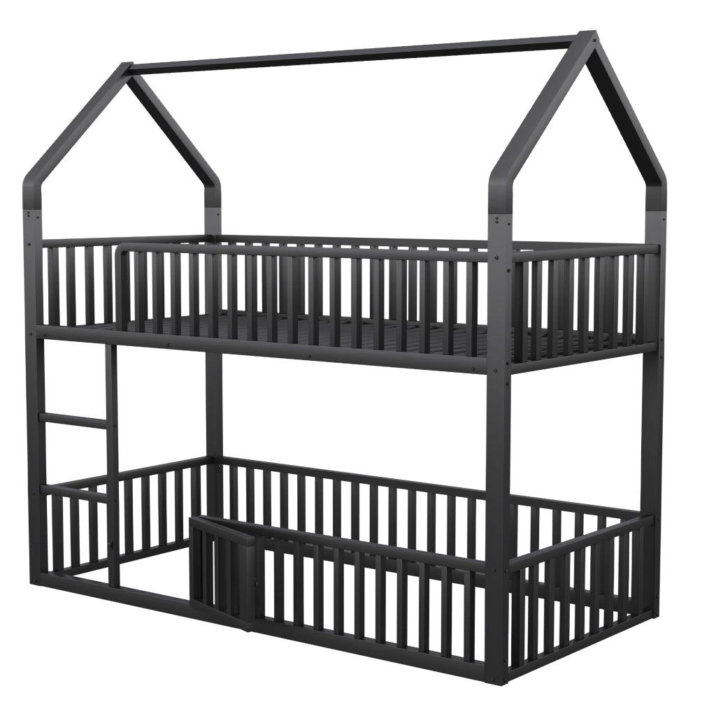 Letto a castello in metallo 90x200 cm con scala frontale, design a casa, nero
