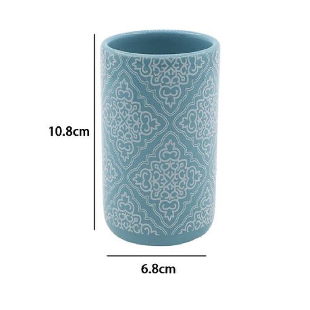 Trade Shop - Bicchiere Portaspazzolino Azzurro Con Maioliche Accessori Bagno 6.8x10.8cm 87022 -
