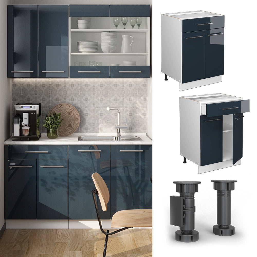 Vicco Mobiletto base per cucina Blu scuro lucido 60 cm con cassetto, senza piano di lavoro