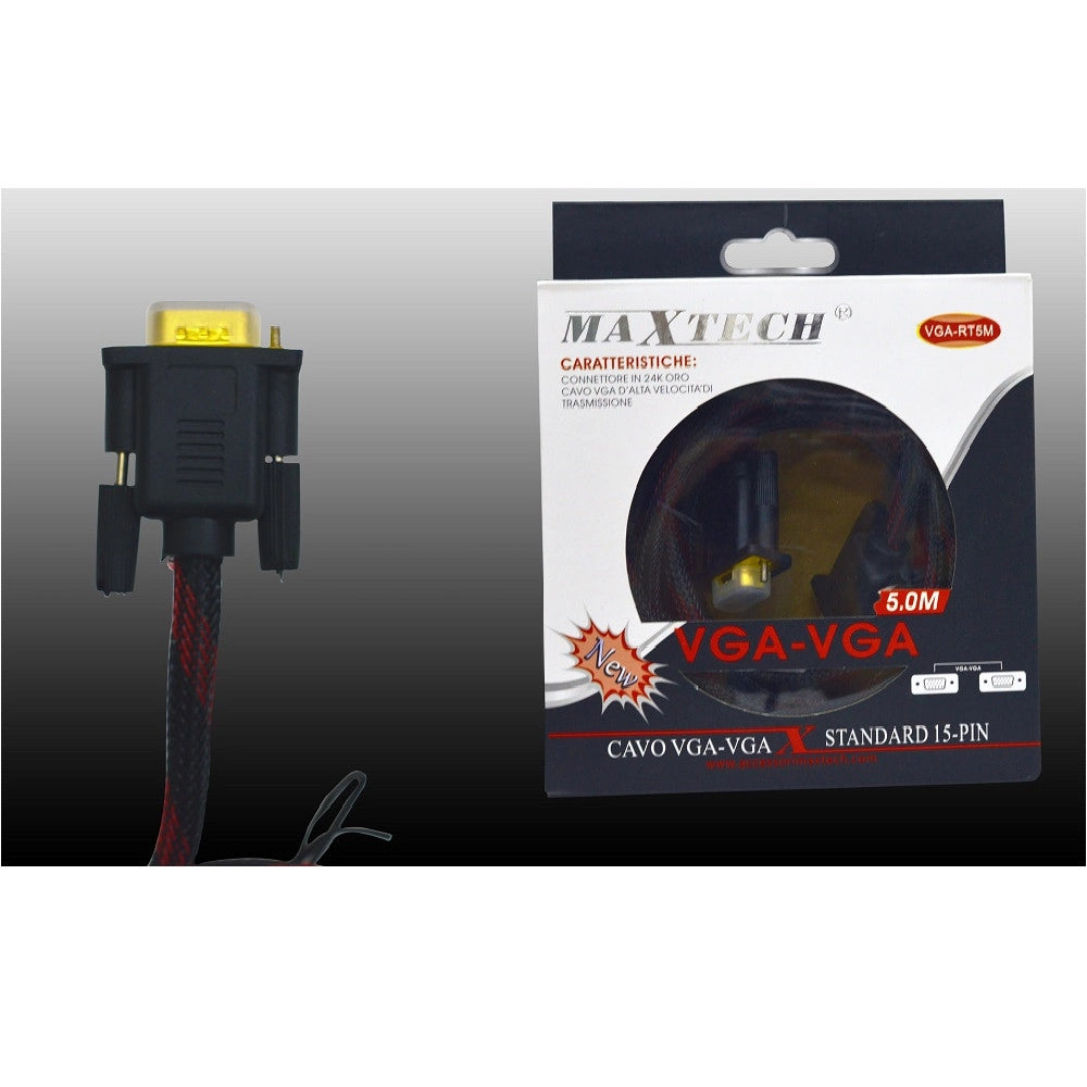 Trade Shop - Cavo Vga/vga Maschio-maschio 5mt Retinato 15 Pin Filo Per Pc Tv Maxtech Vga-rt5m -