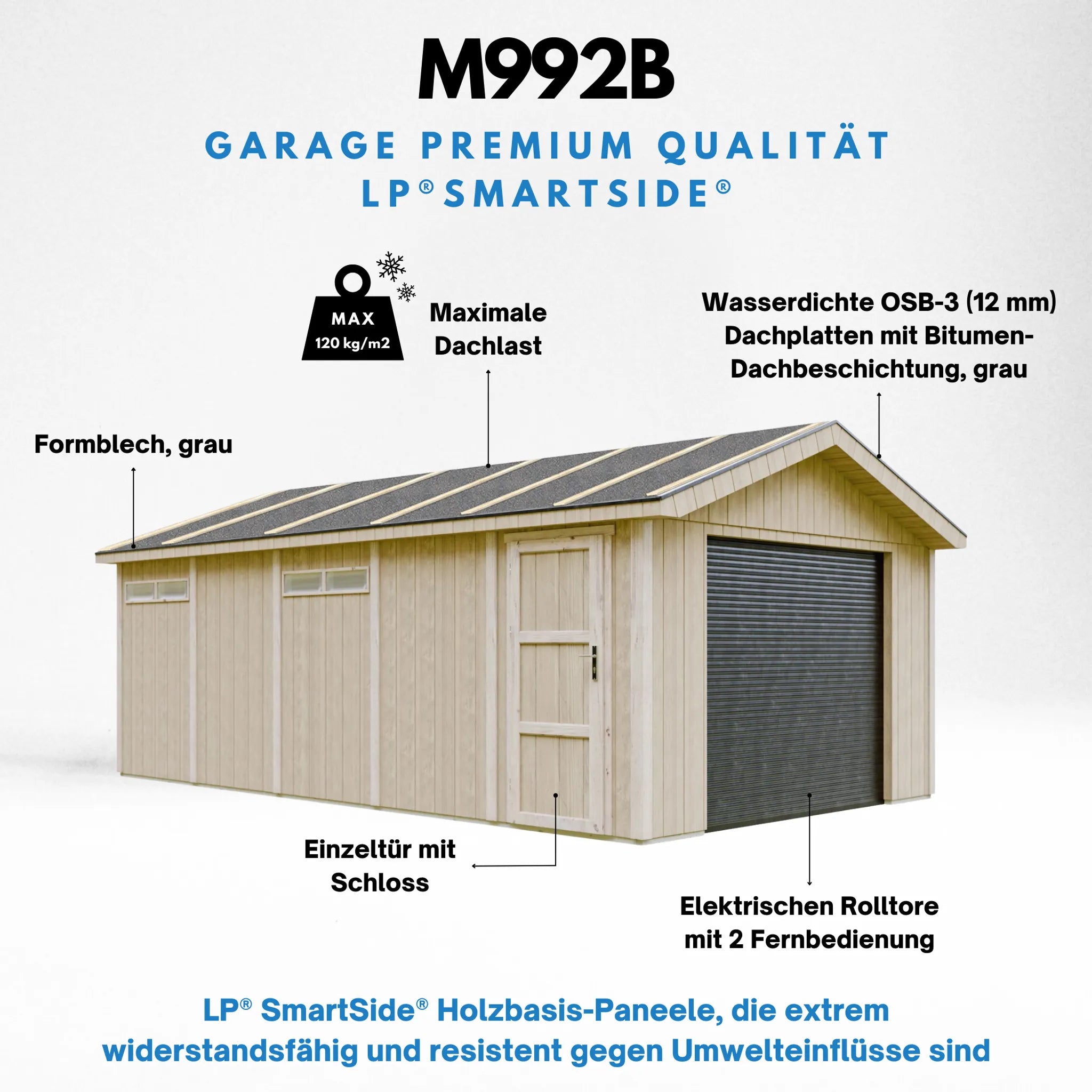 Garage di 21 m²- L378xL648 cm- Garage per auto, moto, biciclette - Costruito con pannelli LP Smartside - Timbela M992B