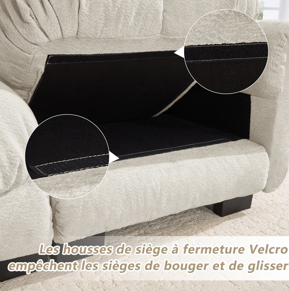 Divano 2 posti in chenille color kaki chiaro con struttura modulare a U e ottomana mobile
