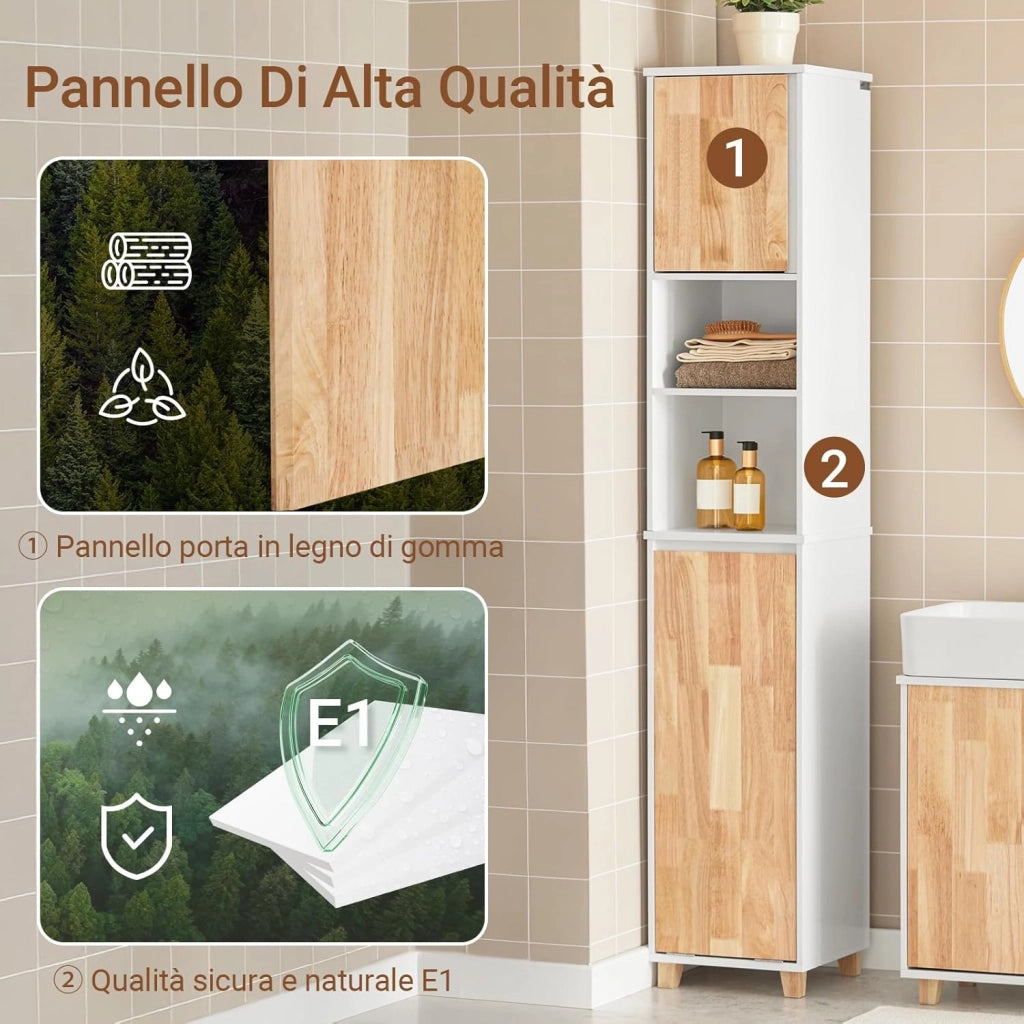 Mobile Bagno - Mobiletto Bagno Salvaspazio con Cesto Portabiancheria Pieghevole, Mobile Alto e Stretto in Legno Resistente all’Umidità, Bianco, 31x170x32 cm, BZR74-W