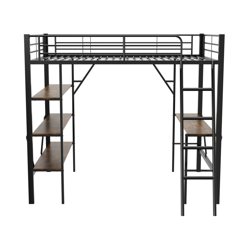 Letto a castello metallo nero con scrivania e tre ripiani 90x200 cm