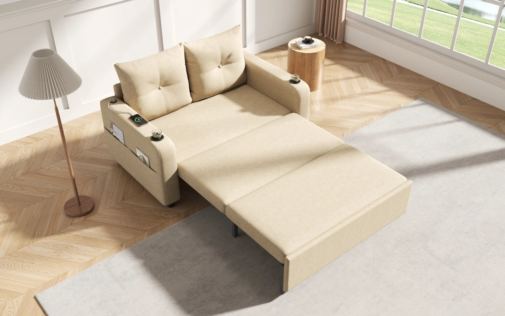 Divano letto 3 in 1 con portabicchieri, tasche laterali, cuscini e porte USB e tipo C in cotone lino beige