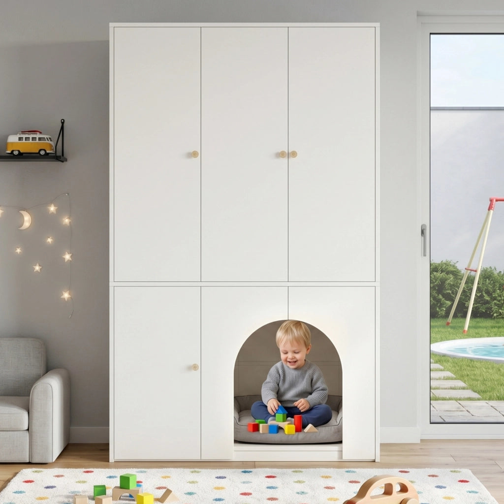 Armadio a 3 ante con asta appendiabiti e ripiani nicchia ad arco per camera da letto in MDF bianco 120 × 50 × 200 cm