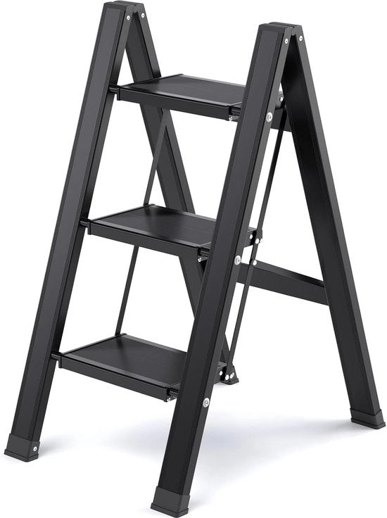 Traslattina, 3 gradini, ripiegabile, scala a libro in alluminio, scala a libro portatile con pedale anti-slip ampio, scala a libro pieghevole, scala a libro leggera, carico di 150 kg, nera