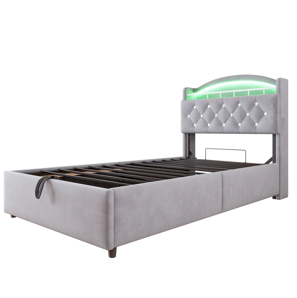 Letto imbottito per bambini 90x200 con contenitore, LED e USB