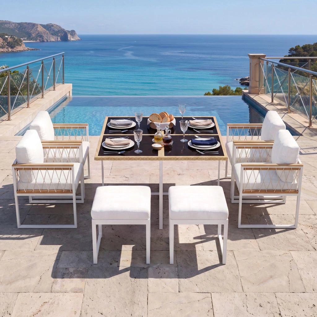 Set da pranzo da esterno 7 pezzi con tavolo quadrato 4 poltrone e 2 pouf in metallo rattan e poliestere