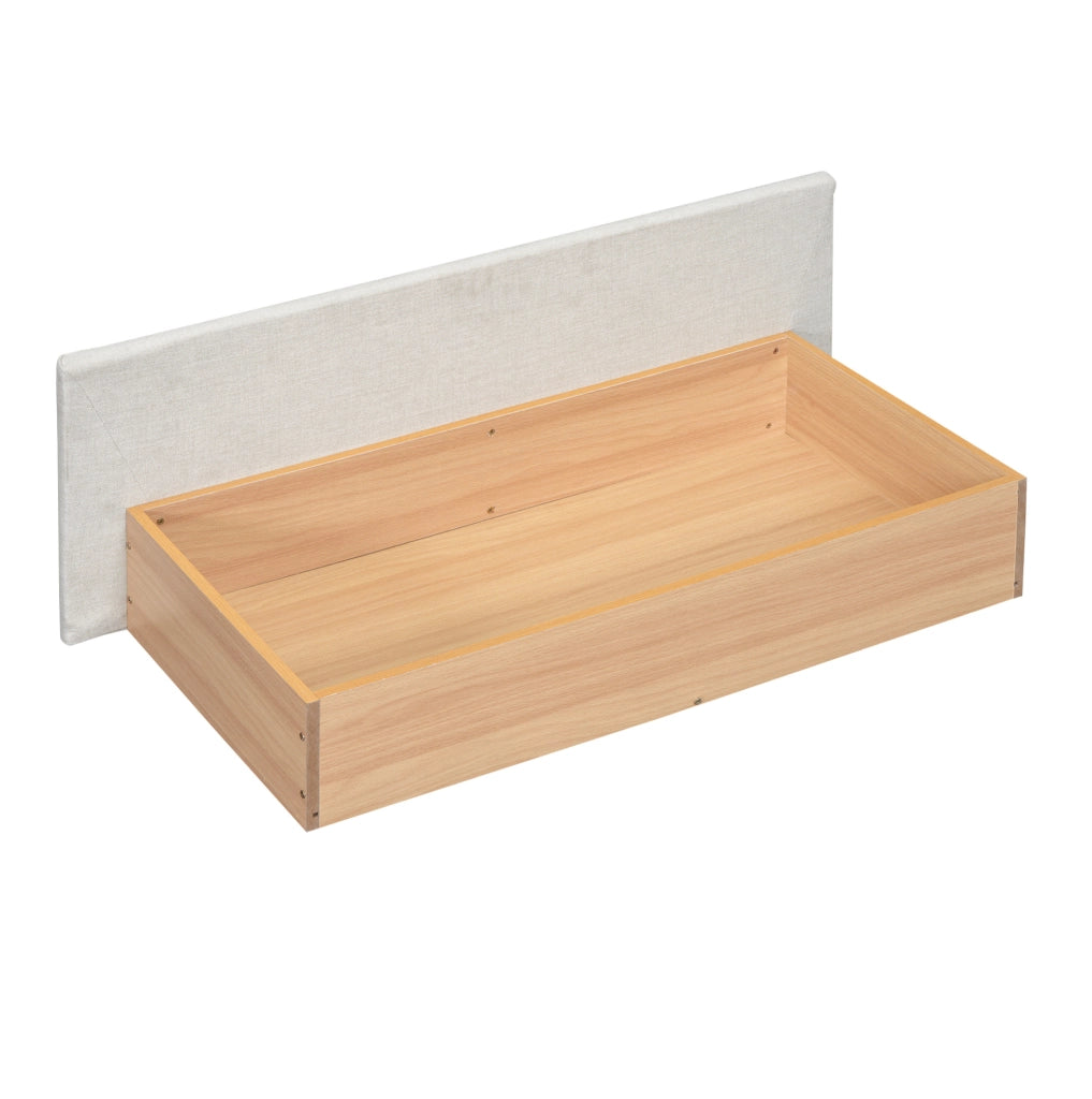 LETTO imbottito 140 x 200 cm in lino beige con LED, USB e 2 cassetti