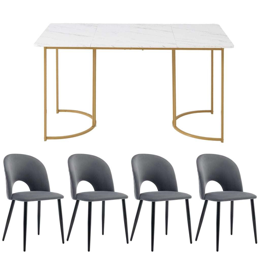 Set Tavolo da Pranzo con 4 Sedie in Velluto ¨C Xylo ¨C Grigio, Piano MDF Bianco, Gambe Dorate, 140x80